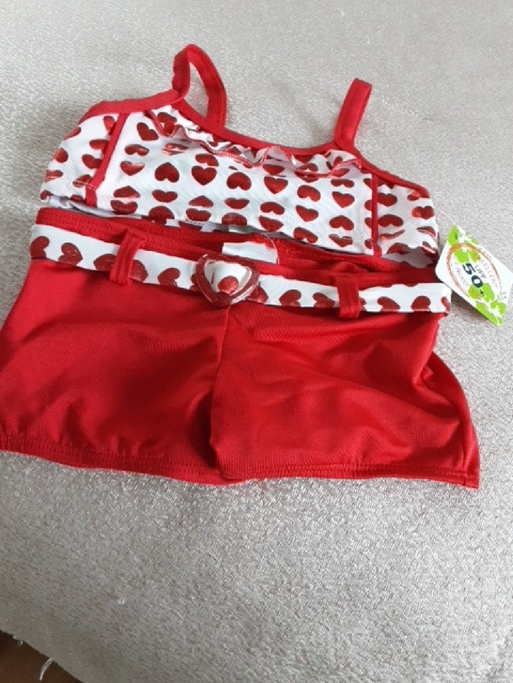 Penelope Mack Red and White Heart Print Girls Swim Top and Skort